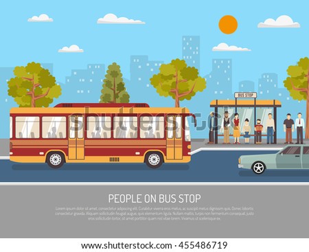 City public transport service flat poster with people waiting at bus stop shelter abstract vector illustration 