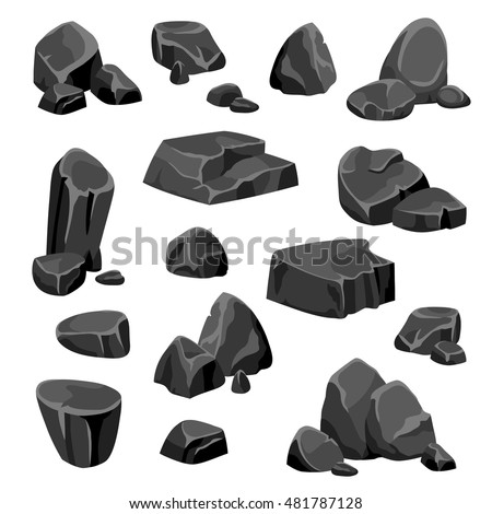 Black rocks and stones fragments of granite or nature mineral in cartoon style isolated vector illustration  