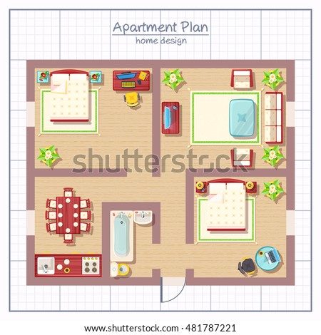 Modern graphic apartment top view - living room, kitchen, hall and ... - Home design top view with living room bedroom and bathroom flat vector  illustration