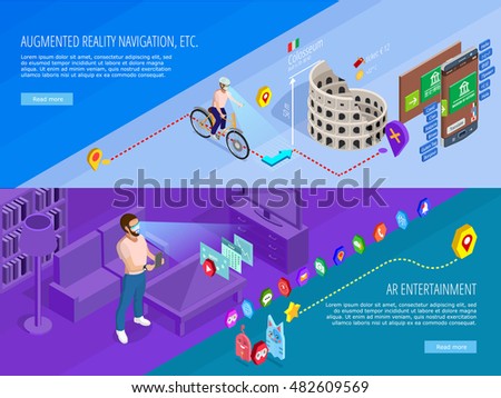 Augmented reality navigation entertainment 2 horizontal isometric banners webpage design with virtual travel games isolated vector illustration 