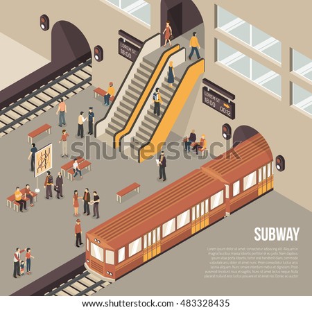 Subway railway rapid transit system underground station isometric poster with passengers on platform and train vector illustration