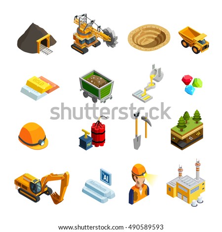 Mining isometric icons set with minerals symbols isolated vector illustration