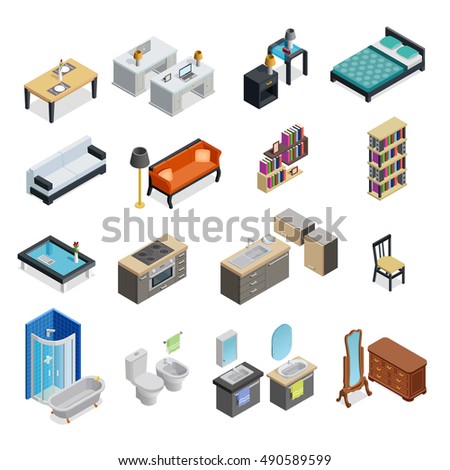 stock vector interior isometric objects set with table chair and lamp isolated vector illustration 490589599
