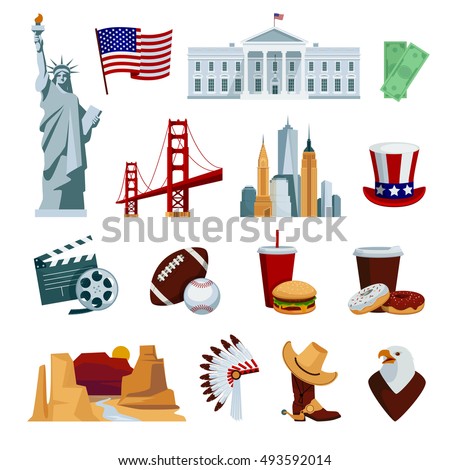 Usa flat icons set with american national symbols and attractions isolated on white background vector illustration