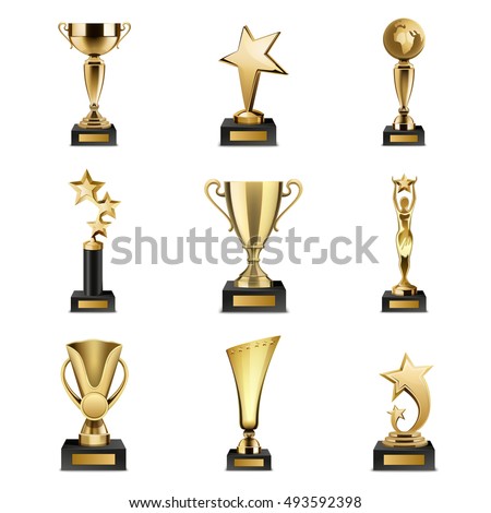 Beautiful golden trophy cups and awards of different shape realistic set isolated on white background vector illustration