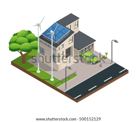 Modern green eco house with garage lawn solar panels producing electricity on roof and two wind turbines isometric vector illustration