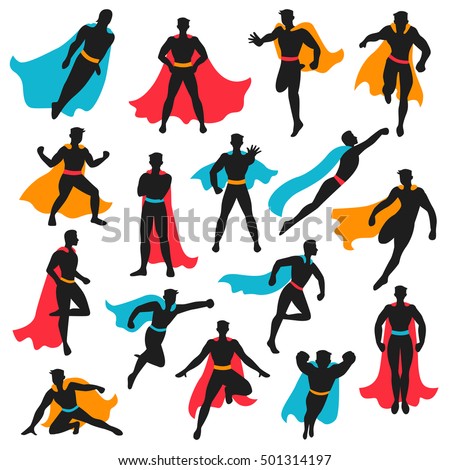 Set of black superhero silhouettes in different poses with colored waving cloaks on white background isolated vector illustration