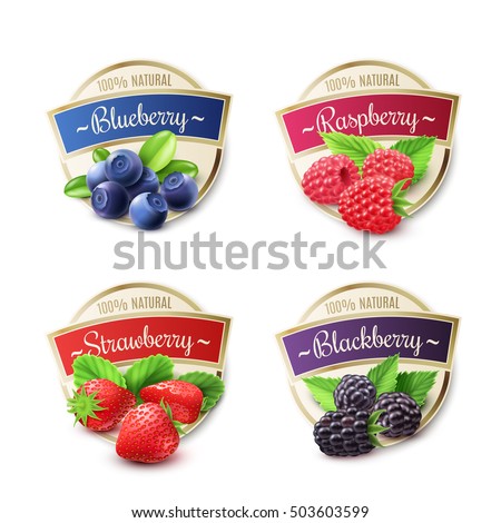 Berry labels realistic set with strawberry and blueberry isolated vector illustration 