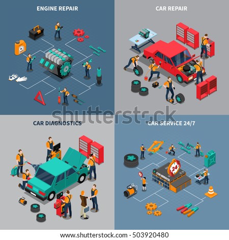 Auto service center 4 isometric icons square composition with diagnostic and car maintenance units isolated vector illustration 