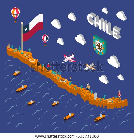 Chilean tourists attractions symbols isometric map with national flag food  and places of interest poster vector illustration 