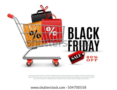 Black friday sale poster with shopping cart and bags for clothing isolated vector illustration
