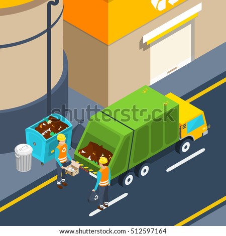 Scene Of Garbage Collectors At Work With Waste Container And Special ...