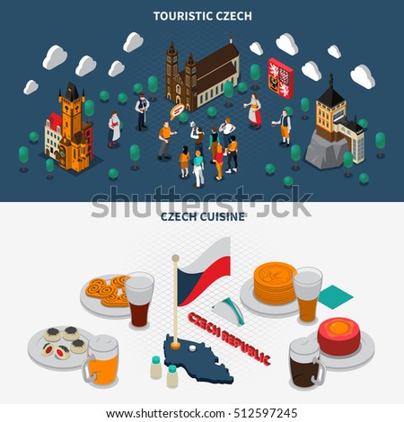 Czech republic 2 touristic attractions isometric banners with cathedral charles bridge museum and cuisine isolated vector illustration 