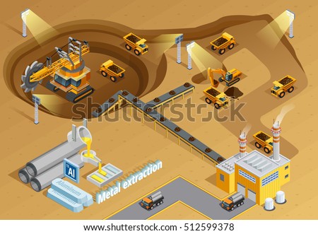 Mining and metal extraction background with machinery and equipment symbols isometric vector illustration