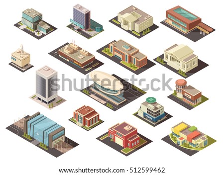 Government building isometric set with state institutions symbols isolated vector illustration 
