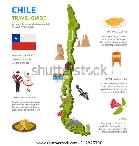 Chile infographics flat layout with border map and travel guide page text elements and symbols vector illustration