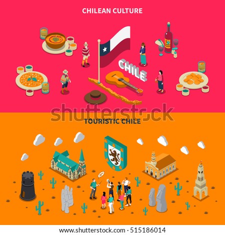 Chile top touristic attractions 2 isometric horizontal banners with national dishes and places of interest isolated vector illustration 