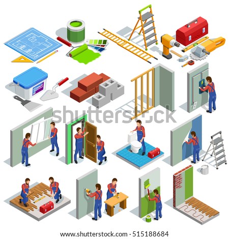 Home repair isometric icons set of different renovation procedures workers and tools isolated vector illustration