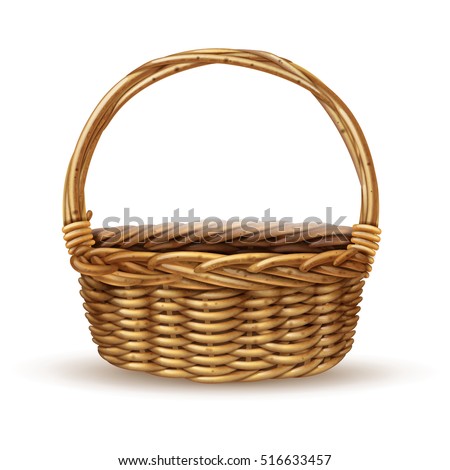 Traditional country style willow peasant basket with handle close-up side view with shadow realistic vector illustration 