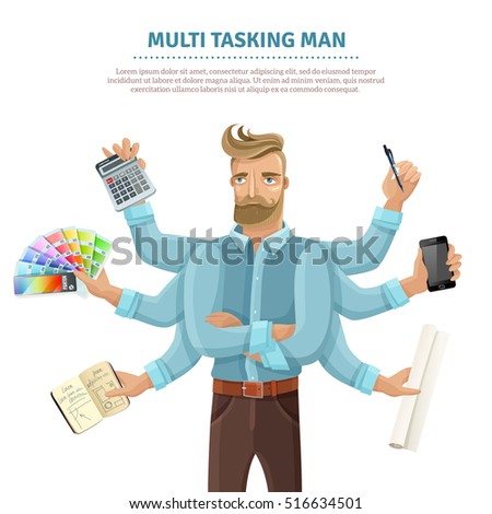 Multitasking flat informative poster with text and eight-armed young man reading mailing writing simultaneously vector illustration 