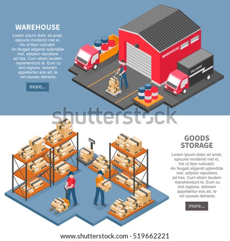Logistics and delivery two horizontal banners with  warehouse and goods storage isometric compositions flat vector illustration