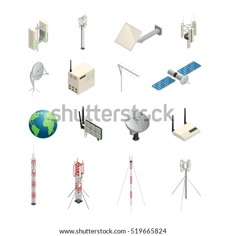 Isometric icons set of wireless communication equipments like towers satellite antennas router and other isolated vector illustration