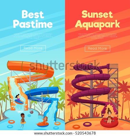 Aquapark vertical banners with water pipes pool and children in the day and sunset time vector illustration