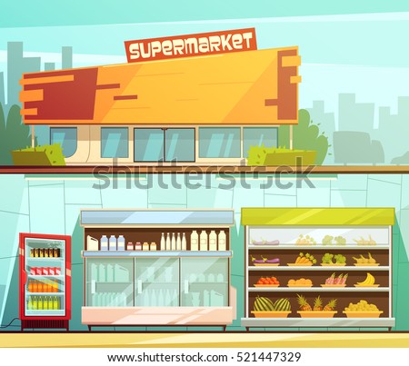 Supermarket building entrance street view and groceries dairy shelves indoor 2 retro cartoon banners set isolated vector illustration