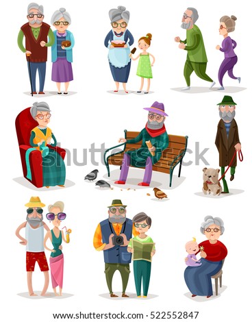 Senior people cartoon set of different activities and hobbies at retirement isolated vector illustration