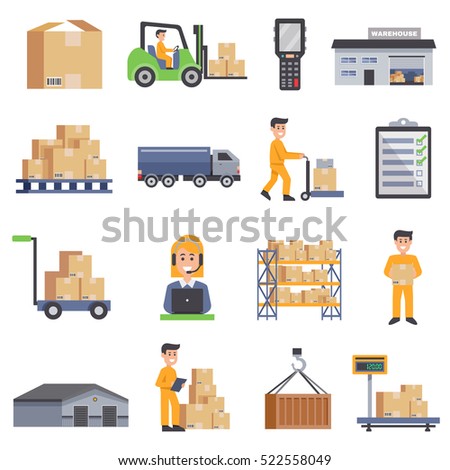Warehouse isolated flat icons set  of delivery truck shelves with goods scales boxes container and storage workers vector illustration 