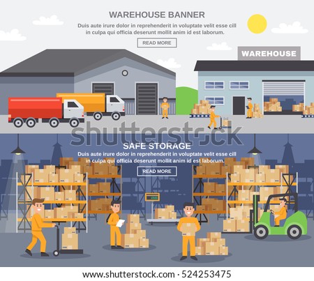 Warehouse horizontal banners with storage workers engaged in loading and unloading of goods flat vector illustration