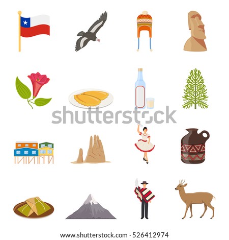 Chile flat colored icons set with landmarks of easter island national flag and elements of traditional clothes isolated vector illustration 