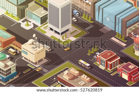 Government buildings city streets roads and traffic isometric vector illustration 