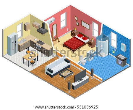 Apartment isometric design with bedroom bathroom kitchen and living room vector illustration 