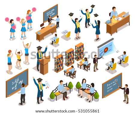 College university students writing on blackboard studying in library cheerleading and graduating isometric icons collection vector illustration 