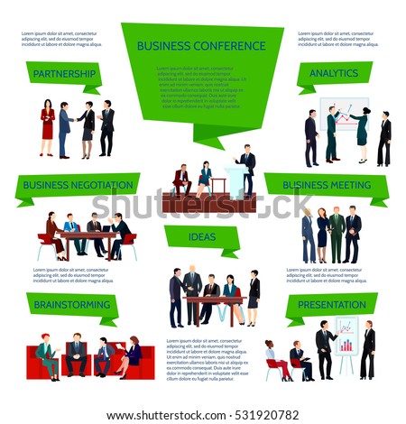 Business people group infographics at meeting conference briefing planning in flat style vector illustration