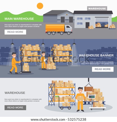Warehouse inside and outside horizontal banners with workers trucks and goods flat vector illustration 