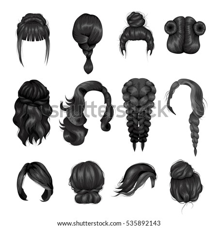 Women hairstyle wigs false and natural hair pieces front and back view  black icons collection isolated vector illustration 