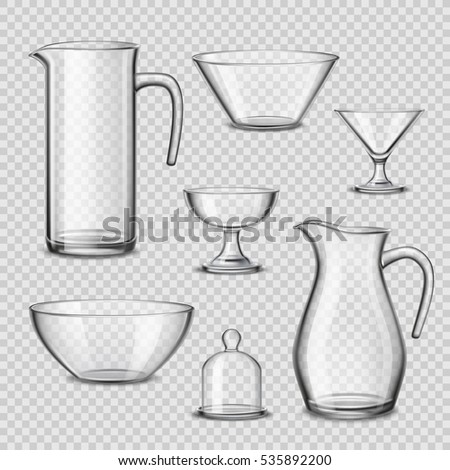 Kitchen glassware utensils collection of pitchers wine glasses bowels drinking accessories realistic side view transparent background vector illustration 