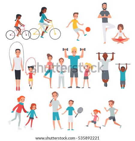 People flat fitness set with parents and children involving in sport activities isolated vector illustration