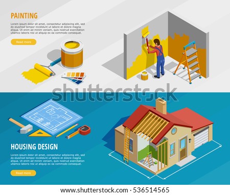 Home renovation isometric horizontal banners with painter tools and house construction with its design isolated vector illustration 