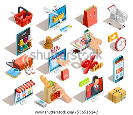 Online shopping isometric shadow icons collection with grocery travel books and clothing  ecommerce stores orders isolated vector illustration 