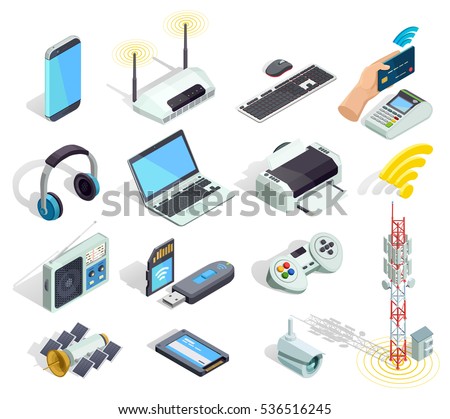 Wireless connection technology electronic gadgets and devices isometric icons collection with printer router and keyboard isolated vector illustration