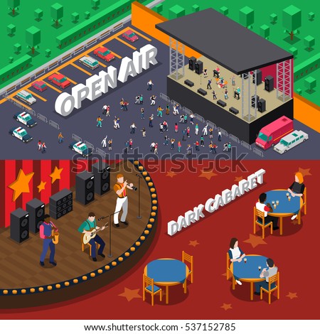 Musicians people playing on stage and at open air concert horizontal isometric banners set isolated vector illustration