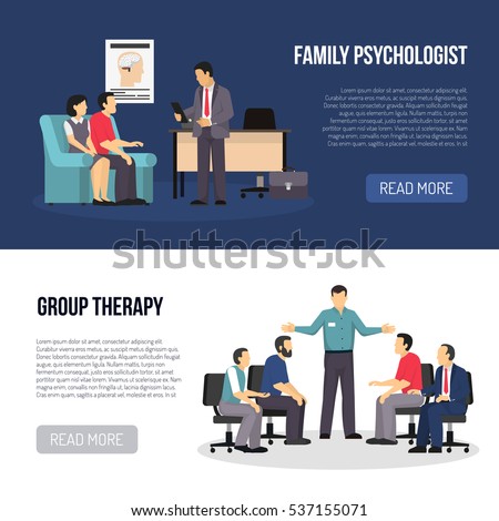 Two horizontal psychologist banners with people in classes of group therapy and family psychologist counseling wife and husband flat vector illustration