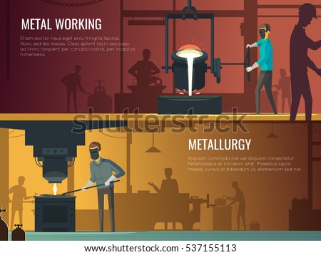 Industrial metalworking 2 Flat retro horizontal banners with melting casting and welding metallurgy process isolated vector illustration 