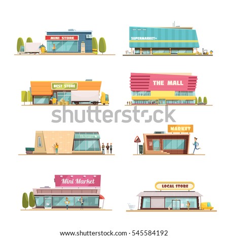 Store buildings set with mall and local shop symbols cartoon isolated vector illustration 