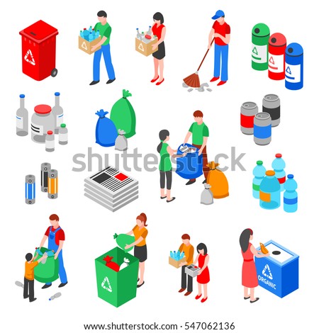 Garbage and plastic recycling isolated images set with isometric rubbish containers trash bins and people characters vector illustration