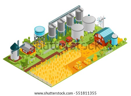 Farm rural buildings isometric composition with houses reservoirs mill and plantation field of wheat vector illustration