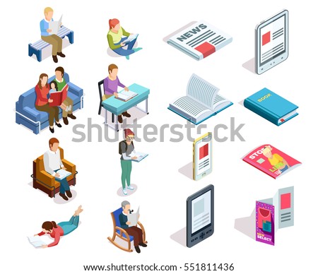 Isolated and colored isometirc reading icon set with people who read books magazines tablets in different places vector illustration